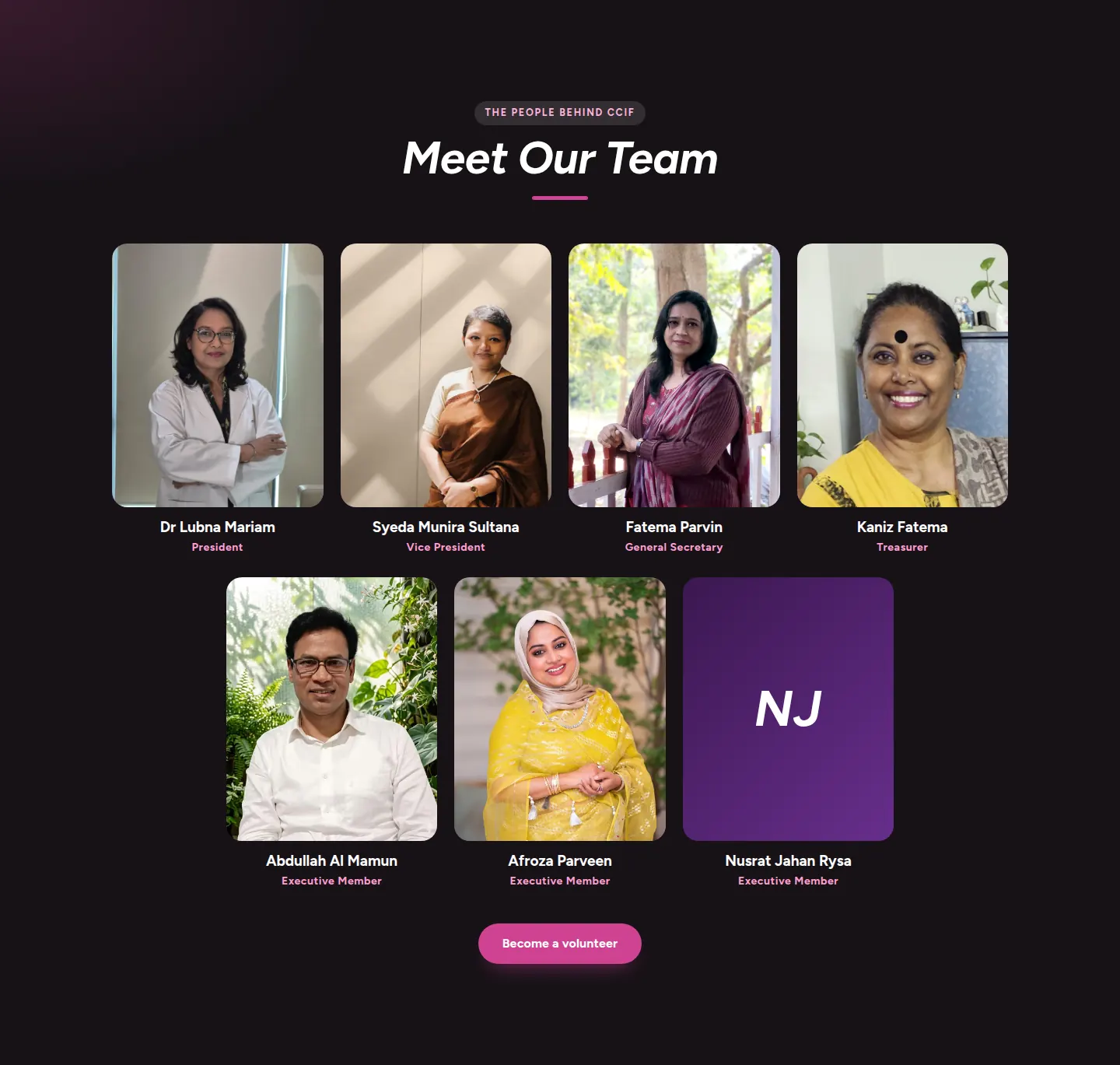 Meet Our Team section with photos of the foundation's committee