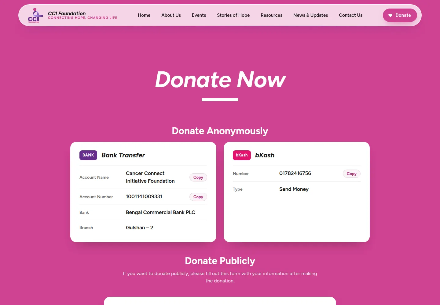 Donate page with Bank Transfer and bKash cards and a Donate Publicly section