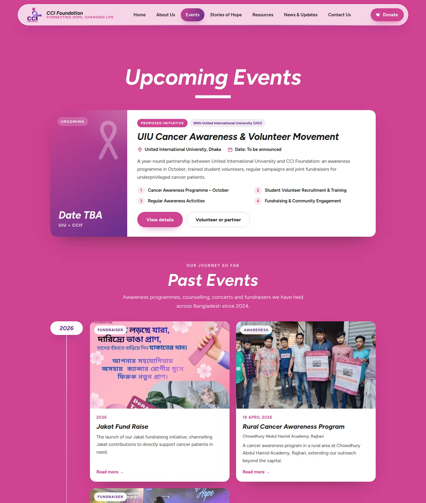 Events page with an upcoming event card and a year-by-year timeline of past events