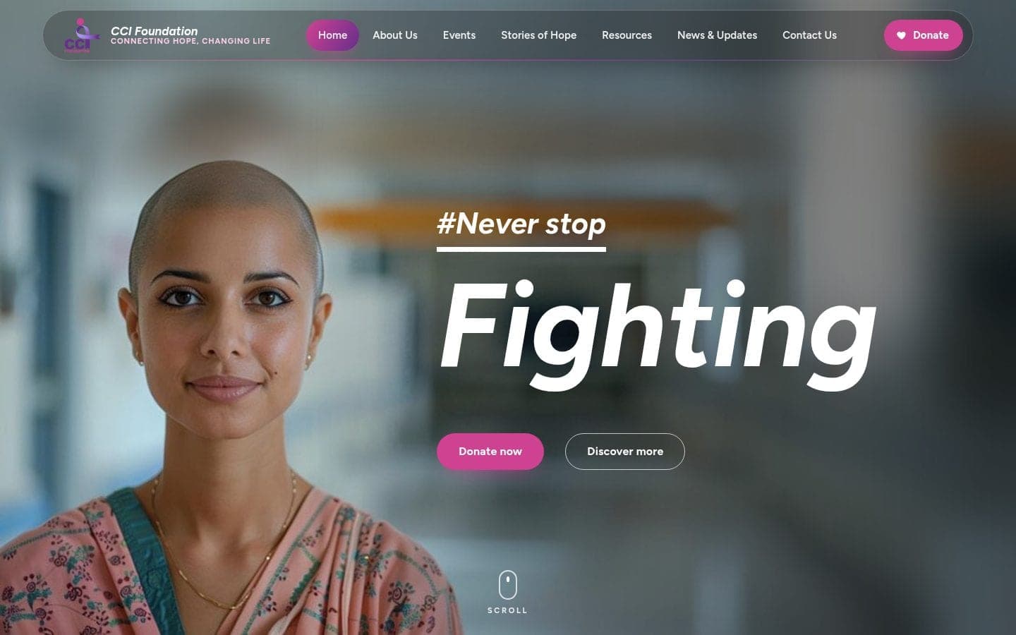 CCI Foundation homepage on desktop with the headline #Never stop Fighting