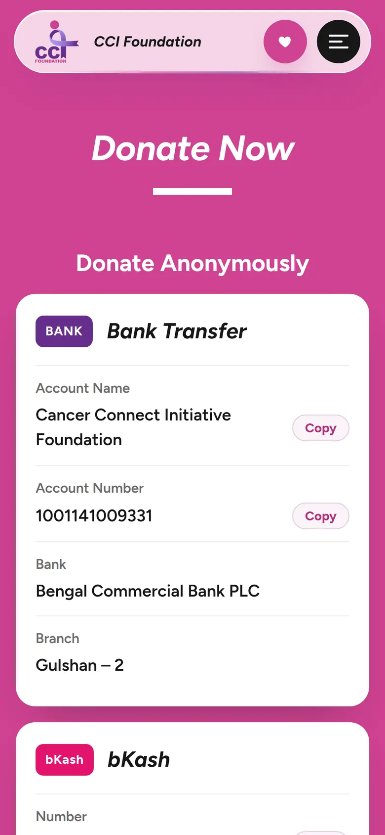 CCI Foundation Donate page on mobile with bank transfer details