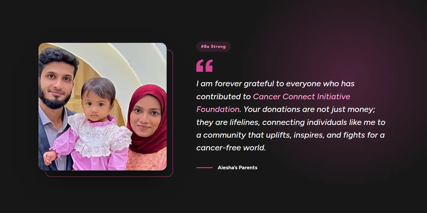 Testimonial from Aiesha's parents under the heading #Be Strong