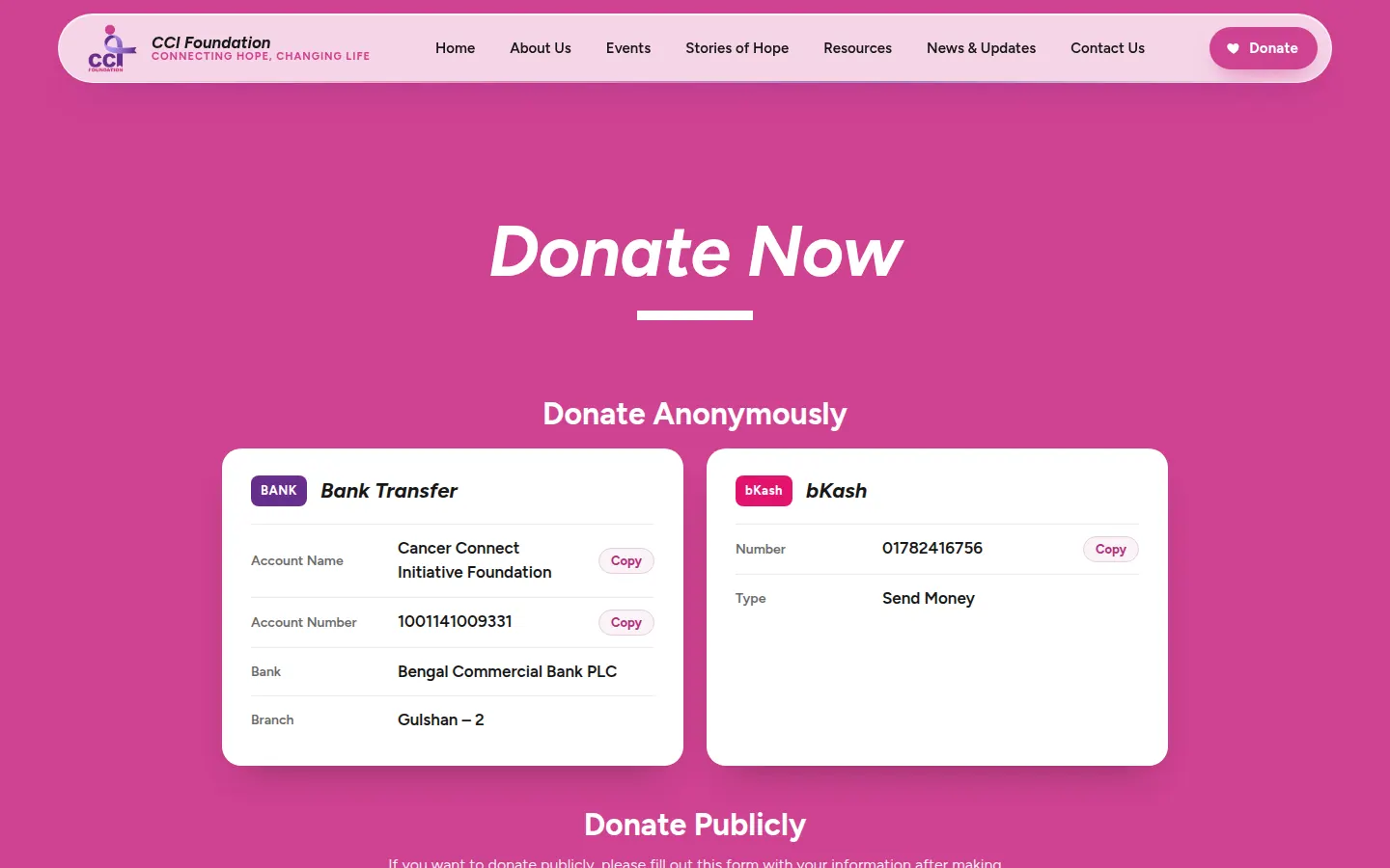 CCI Foundation Donate page with bank transfer and bKash details