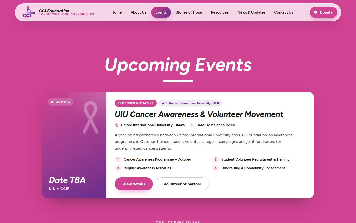 CCI Foundation Events page with upcoming and past events