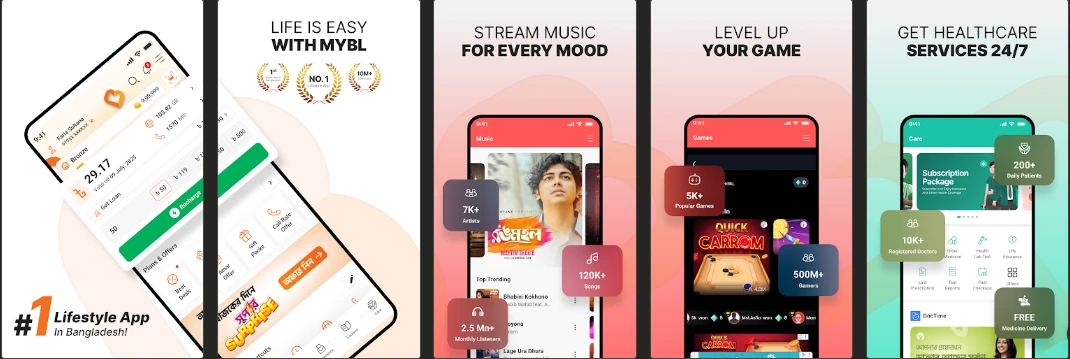 MyBL store listing screenshots: the #1 Lifestyle app in Bangladesh for music, games and 24/7 healthcare