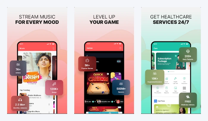 MyBL store screenshots for music streaming, games and 24/7 healthcare services