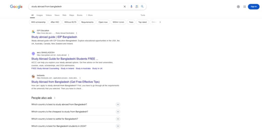 Google SERP for “study abroad from Bangladesh”