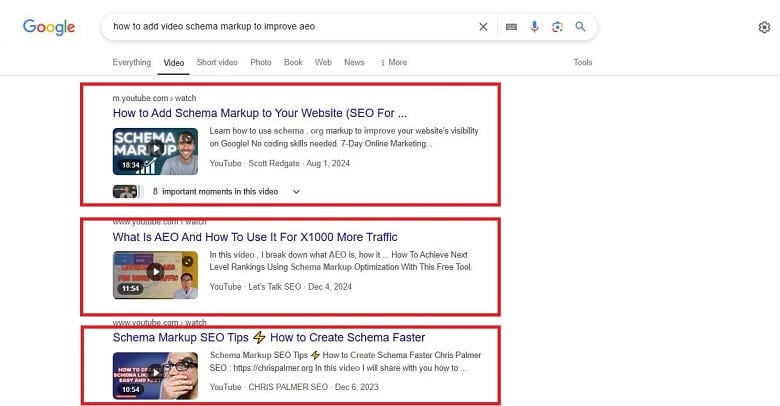search result: how to add video schema markup to improve aeo