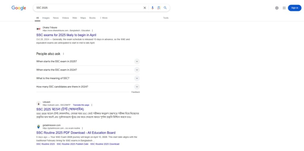 Google SERP for the keyword “SSC 2025.”